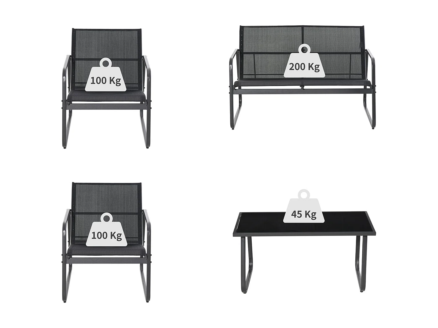 Sakura - Salon de jardin design avec canapé + 2 fauteuils + table basse avec étagère en verre