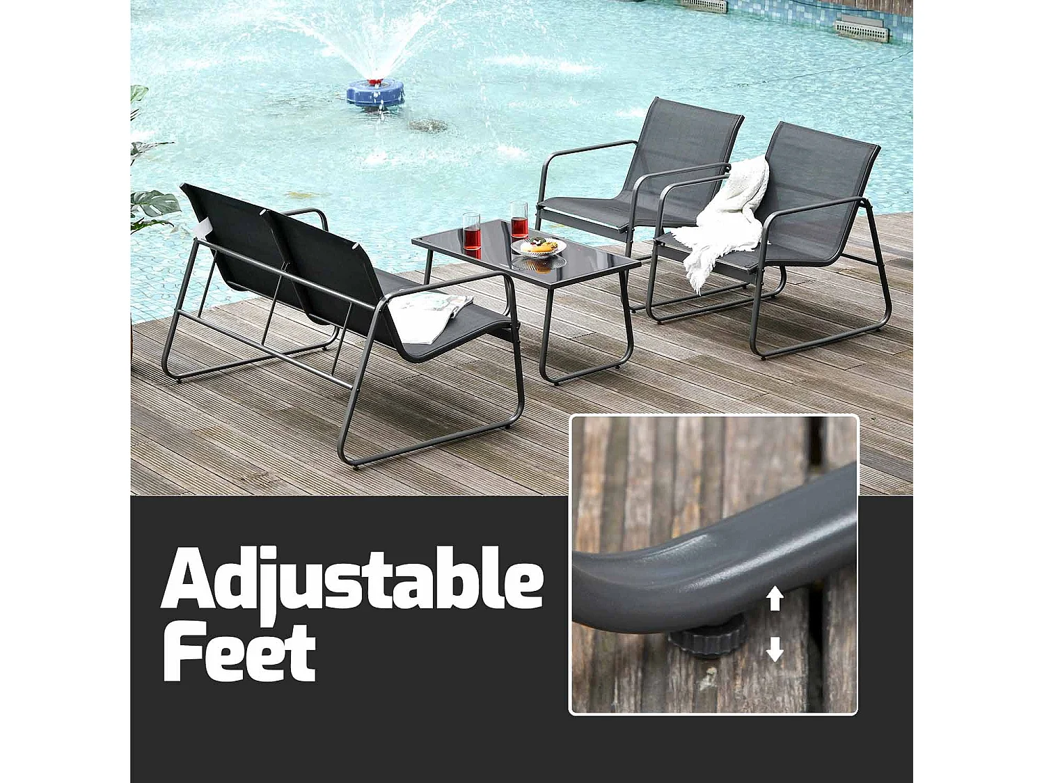 Sakura - Salon de jardin design avec canapé + 2 fauteuils + table basse avec étagère en verre