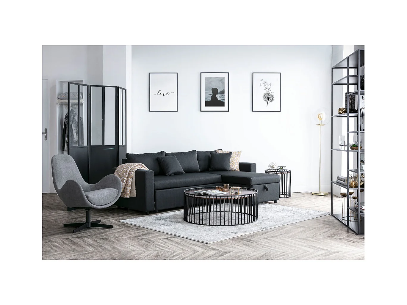 Biombo en metal negro y cristal 3 paneles RACK