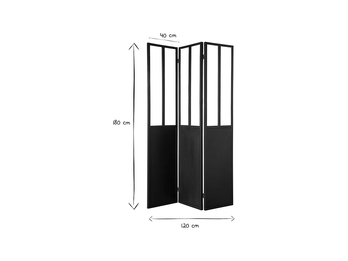 Biombo en metal negro y cristal 3 paneles RACK