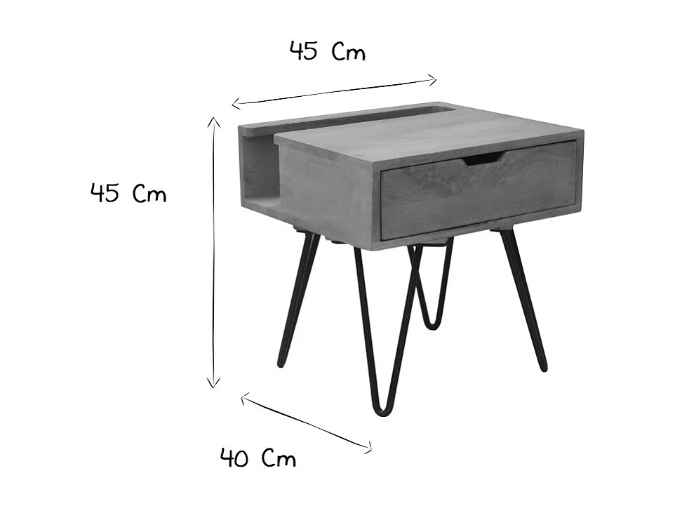 Table de chevet industrielle bois manguier massif et métal noir VIBES