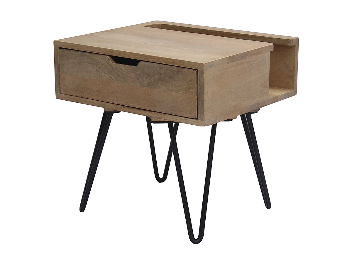 Table de chevet industrielle bois manguier massif et métal noir VIBES