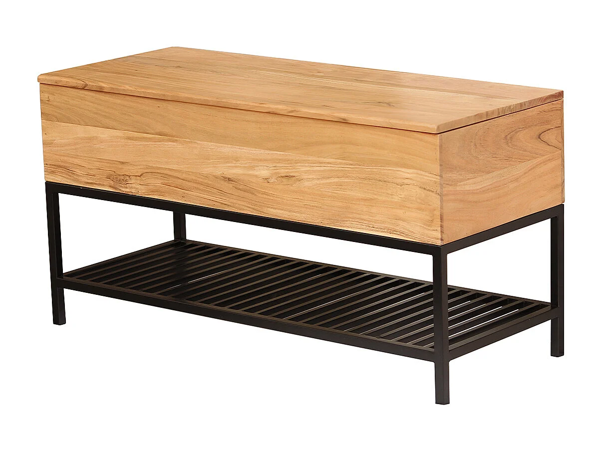 Banco de entrada de estilo industrial con espacio de almacenaje de acacia maciza y metal negro SORG