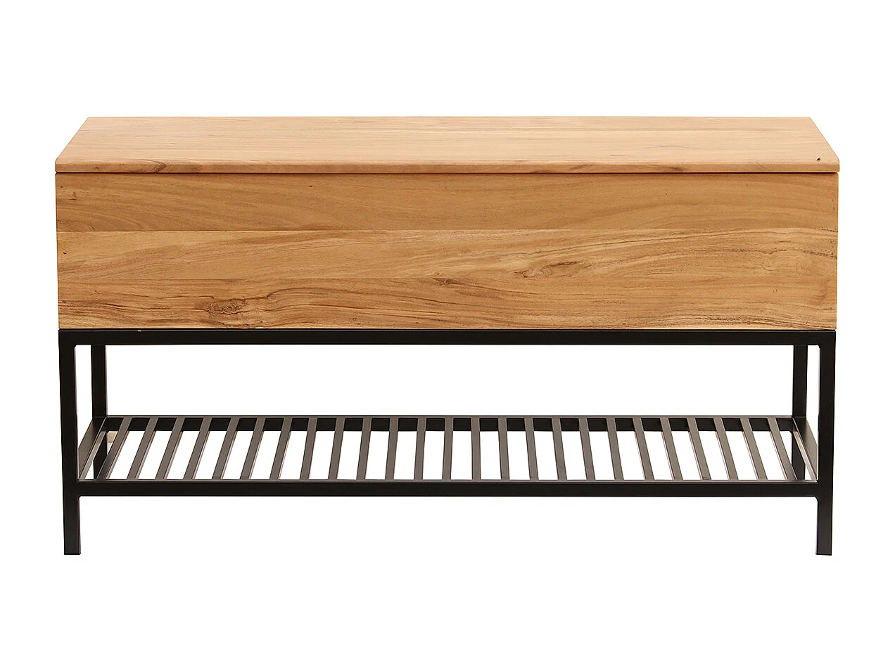 Bank für den Eingangsbereich mit Aufbewahrungsbox aus massivem Akazienholz und schwarz lackiertem Metall SORG