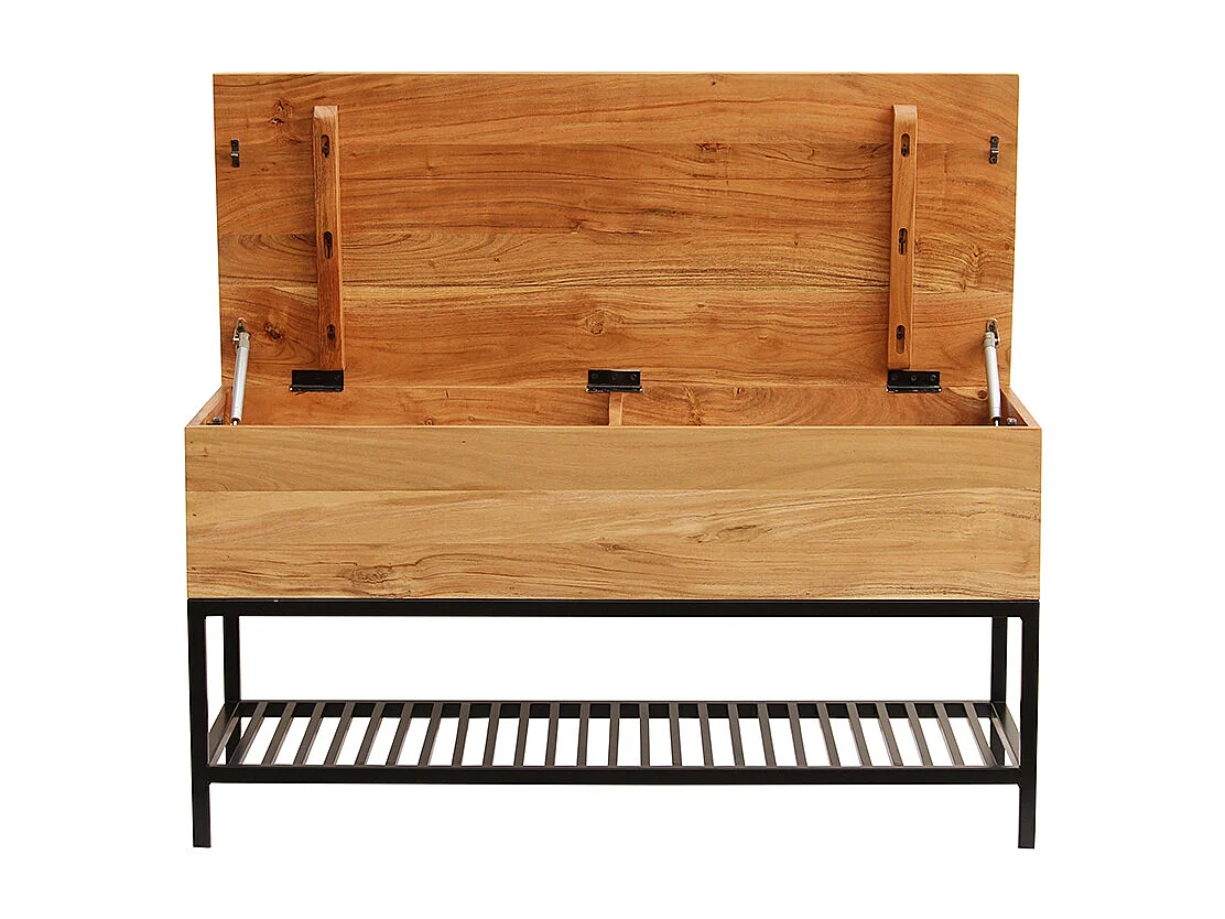Bank für den Eingangsbereich mit Aufbewahrungsbox aus massivem Akazienholz und schwarz lackiertem Metall SORG