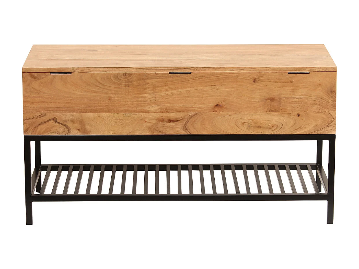 Bank für den Eingangsbereich mit Aufbewahrungsbox aus massivem Akazienholz und schwarz lackiertem Metall SORG