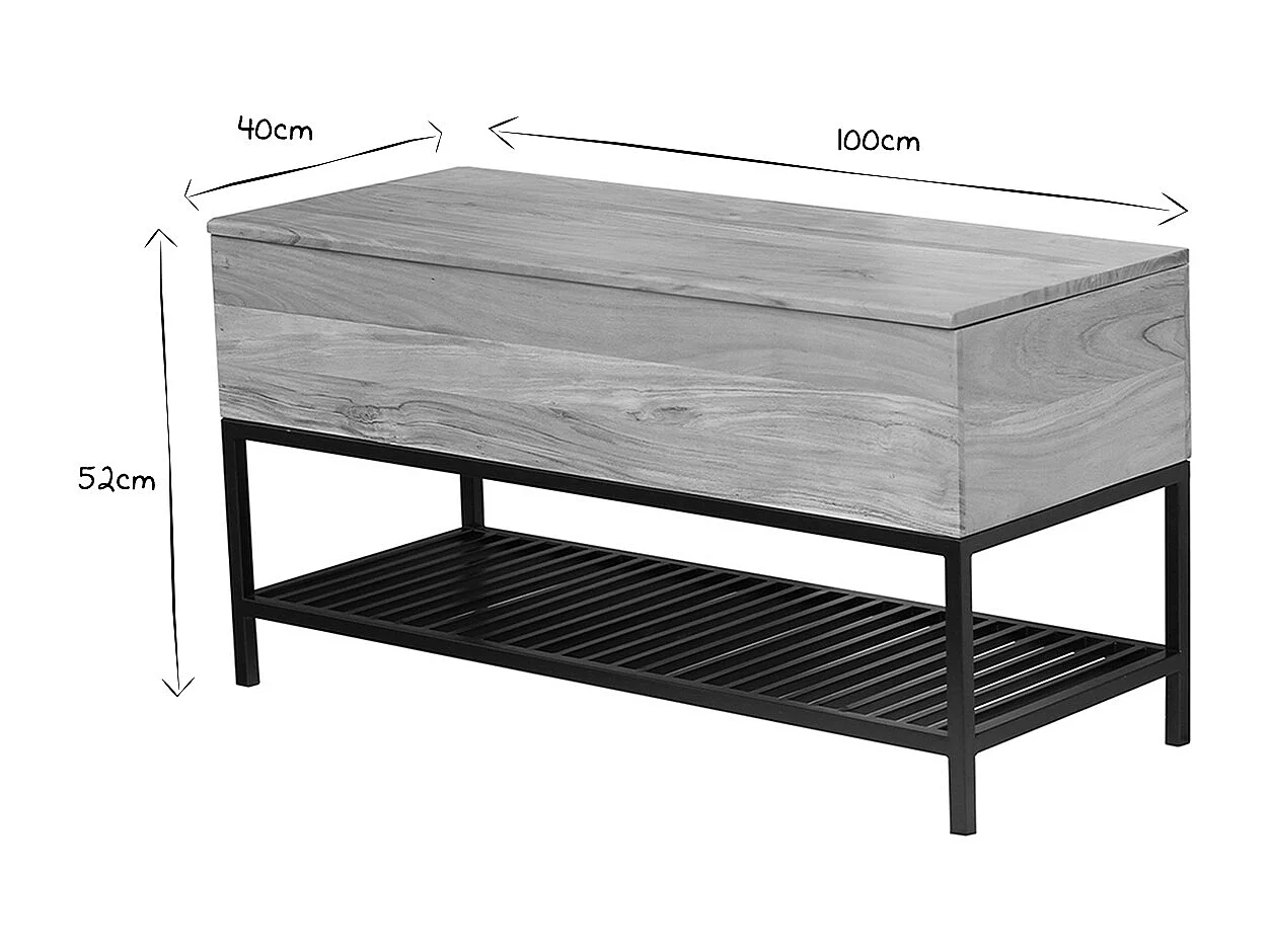 Bank für den Eingangsbereich mit Aufbewahrungsbox aus massivem Akazienholz und schwarz lackiertem Metall SORG