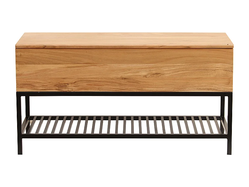 Bank für den Eingangsbereich mit Aufbewahrungsbox aus massivem Akazienholz und schwarz lackiertem Metall SORG