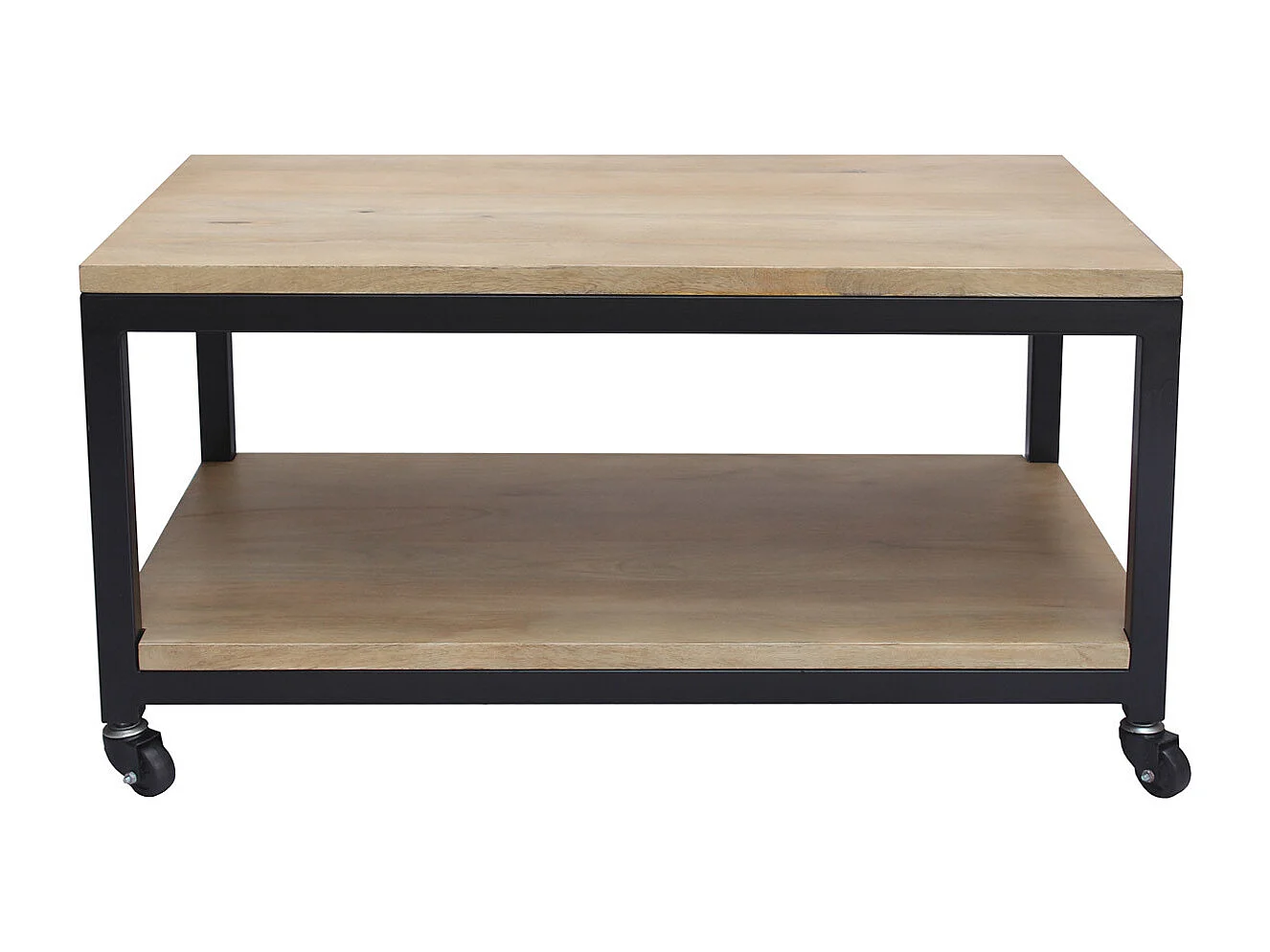 Table basse à roulettes industrielle bois manguier massif et métal noir L90 cm FACTORY