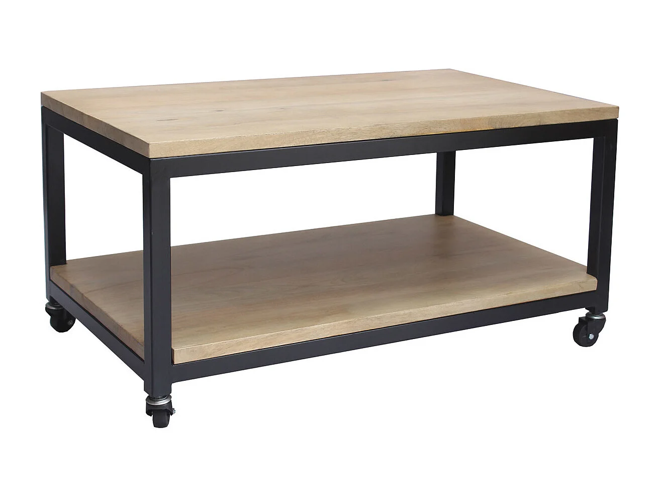 Table basse à roulettes industrielle bois manguier massif et métal noir L90 cm FACTORY