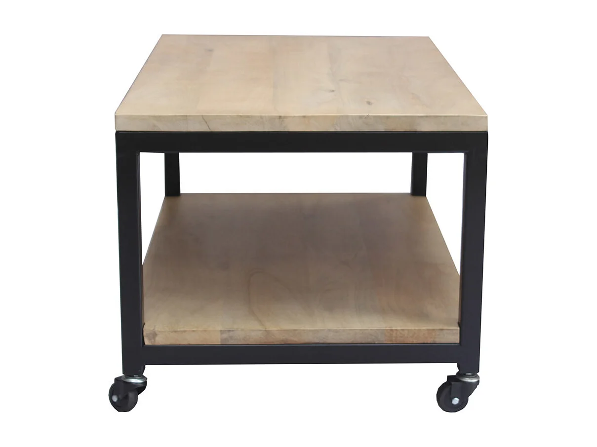 Table basse à roulettes industrielle bois manguier massif et métal noir L90 cm FACTORY