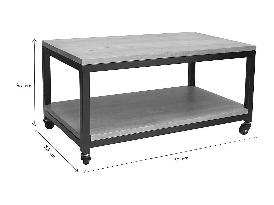 Table basse à roulettes industrielle bois manguier massif et métal noir L90 cm FACTORY