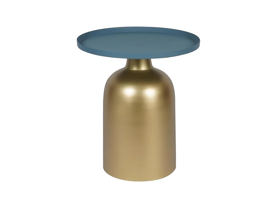 Table d'appoint design ronde en métal doré et plateau bleu pétrole mat RAMSES