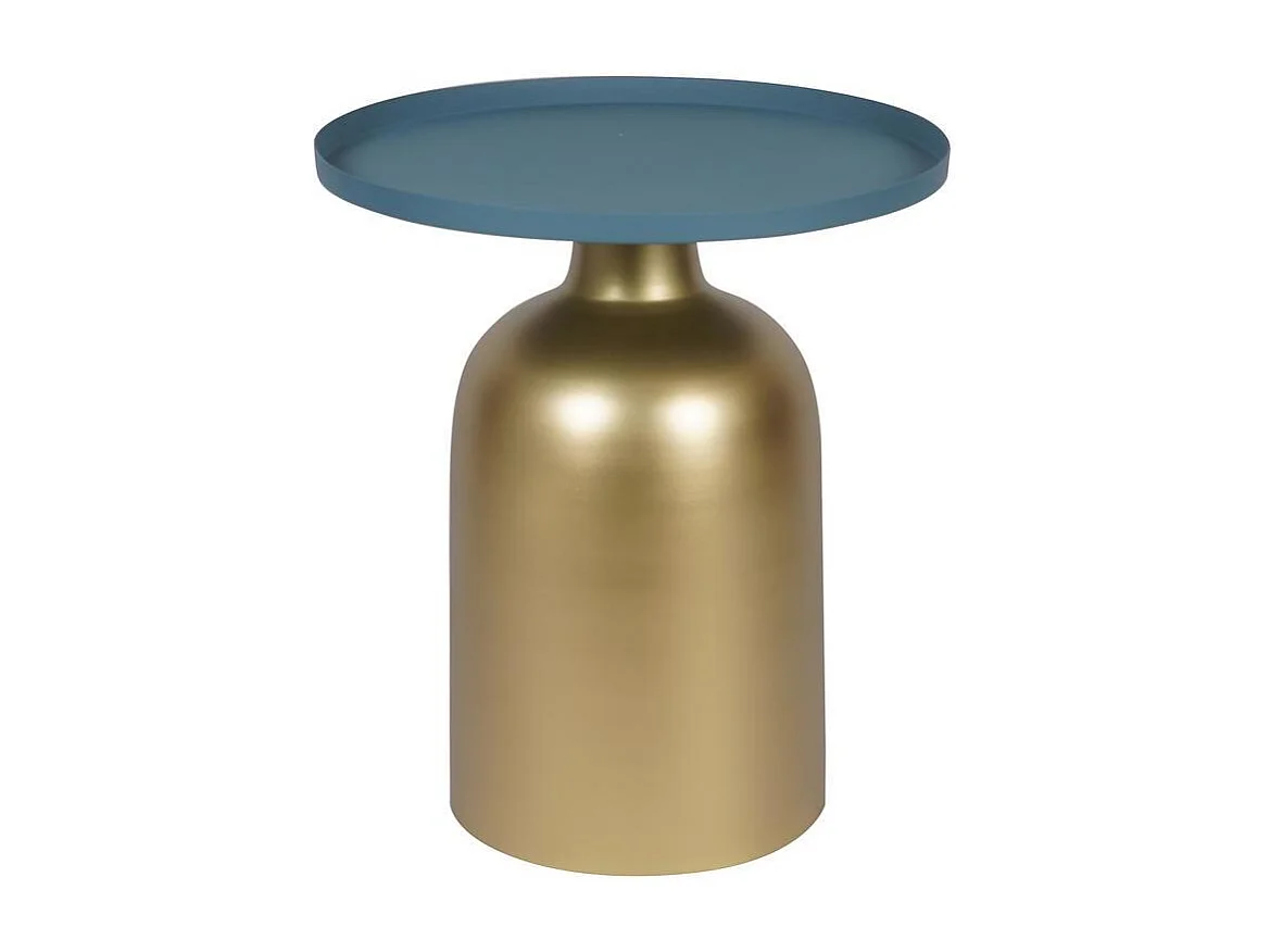 Table d'appoint design ronde en métal doré et plateau bleu pétrole mat RAMSES