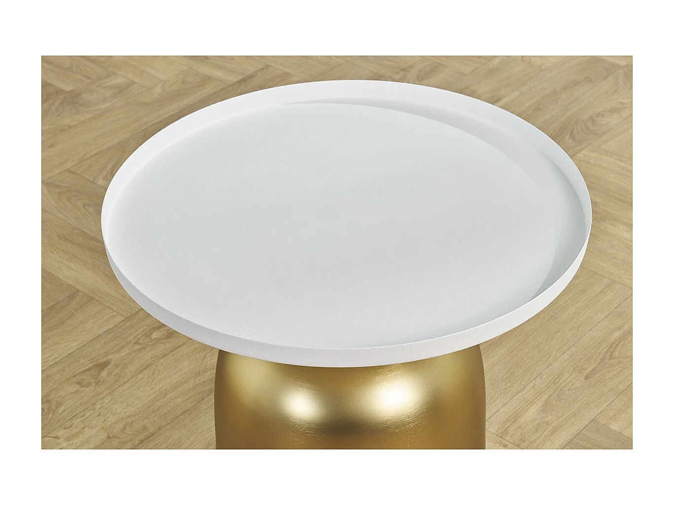 Tavolino da caffè design rotondo in metallo dorato e ripiano bianco opaco RAMSES