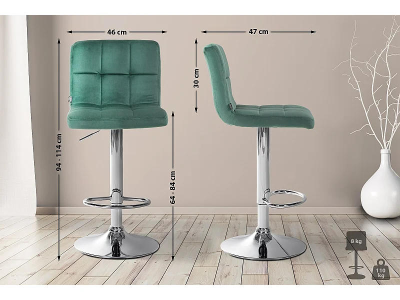 Tabouret de bar - Velours & Chrome - Vert - Peru