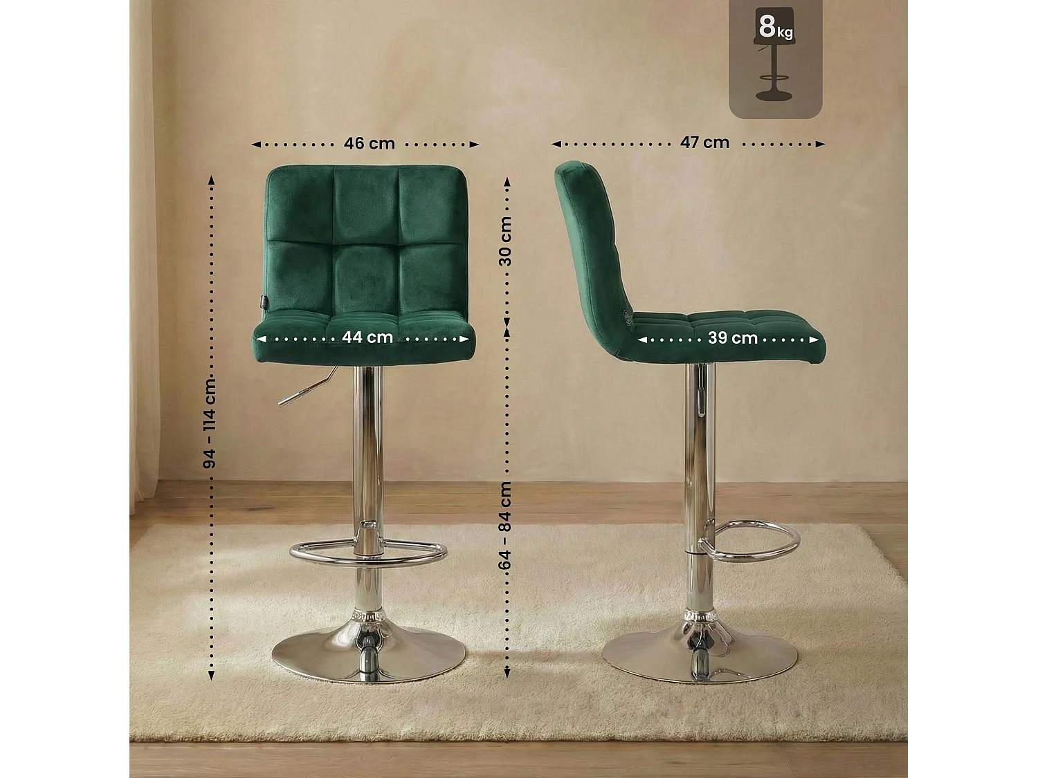 Barhocker - Samt & chrom - grün - Peru