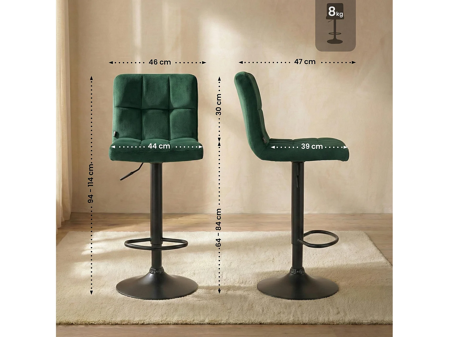 Tabouret de bar - Velours & Noir - Vert - Peru