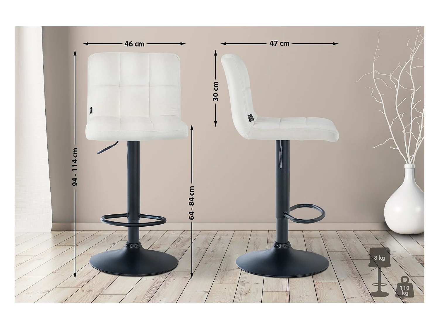 Tabouret de bar - Velours & Noir - Crème - Peru