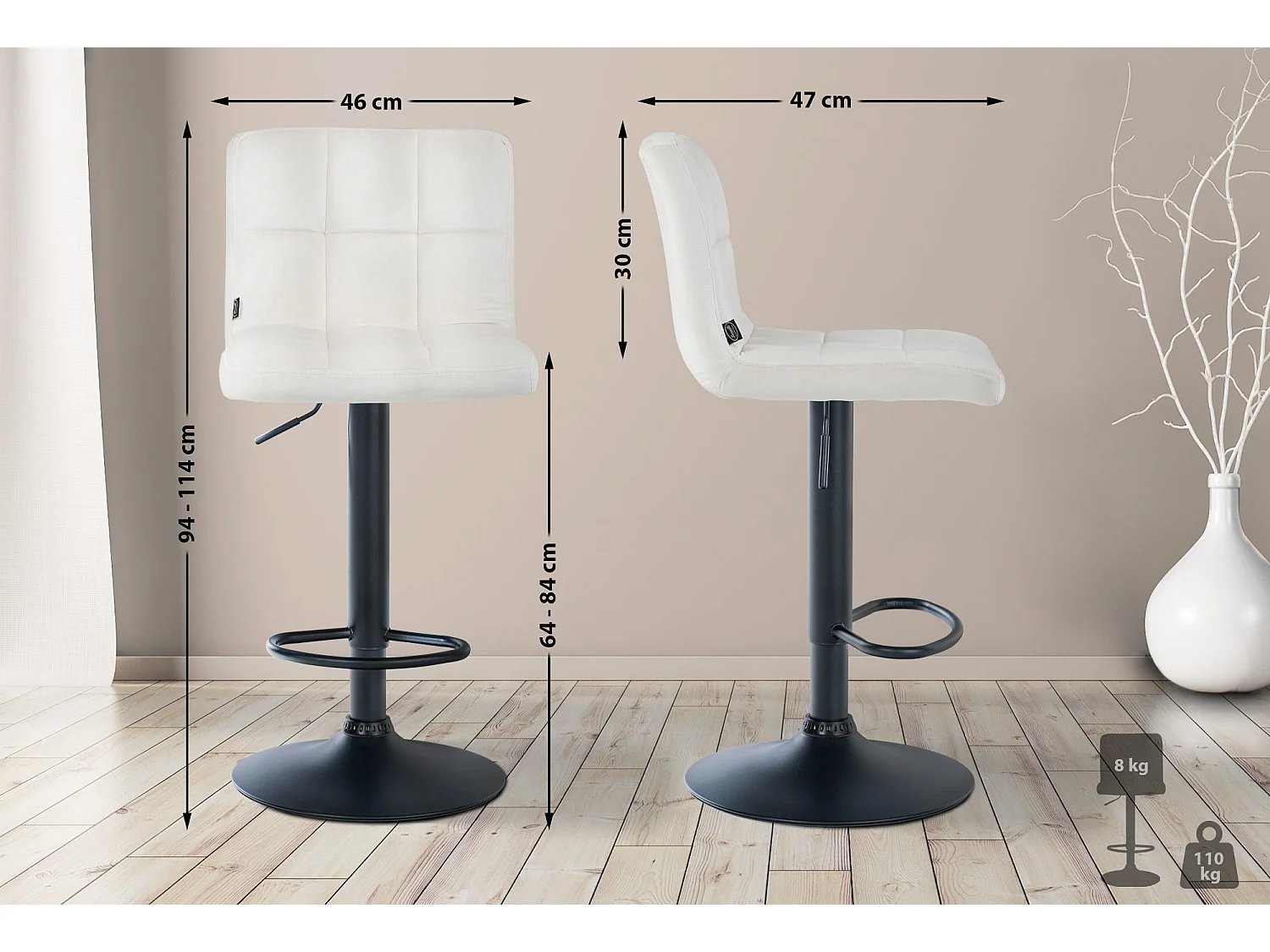 Tabouret de bar - Velours & Noir - Crème - Peru