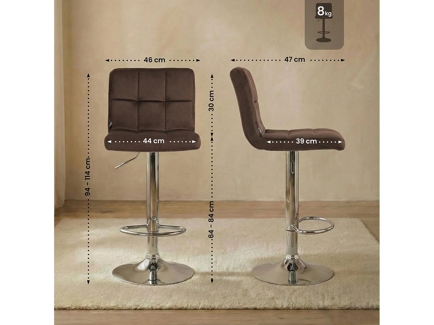 Tabouret de bar - Velours & Chrome - Marron - Peru