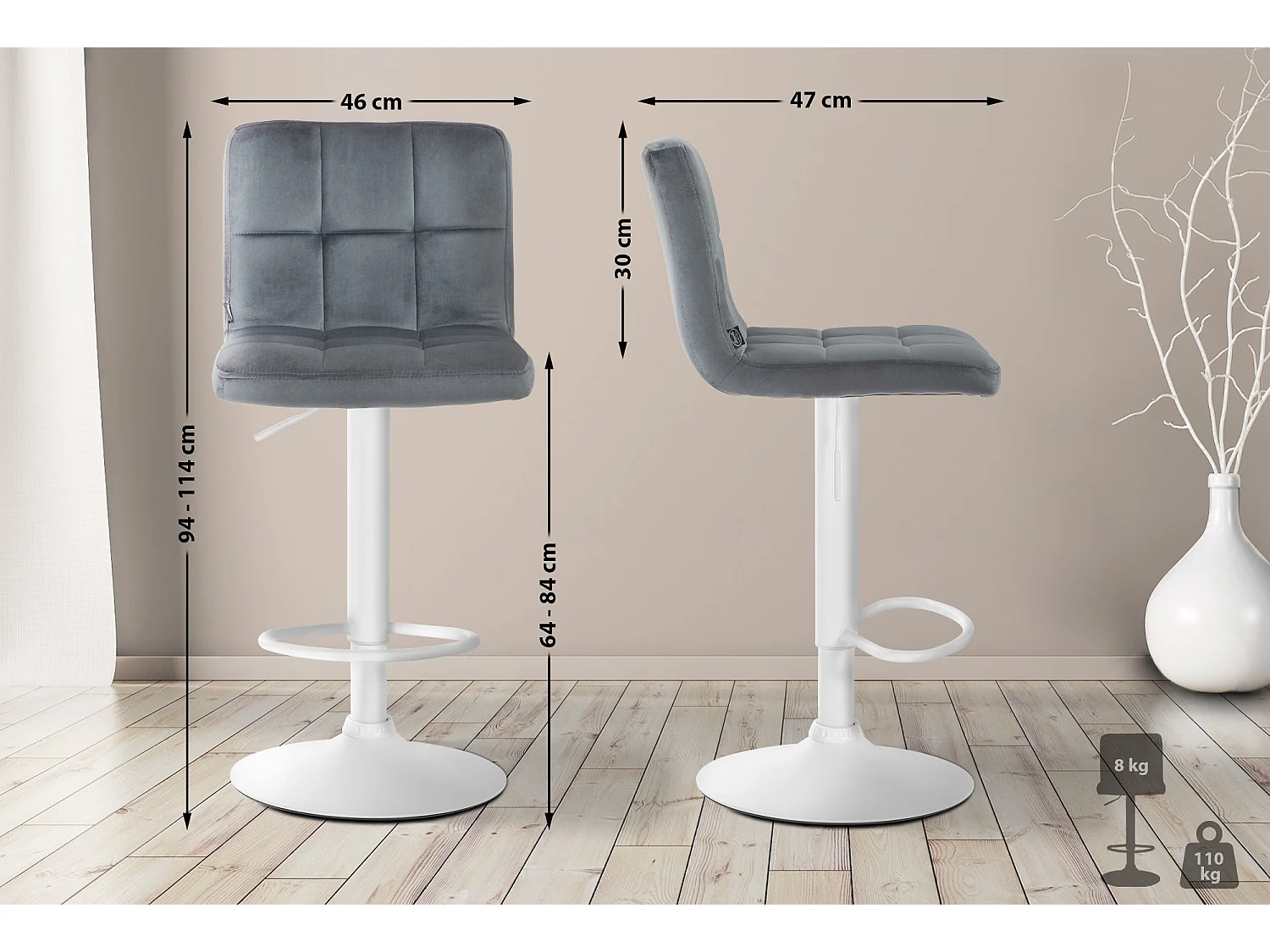 Tabouret de bar - Velours & Blanc - Gris foncé - Peru