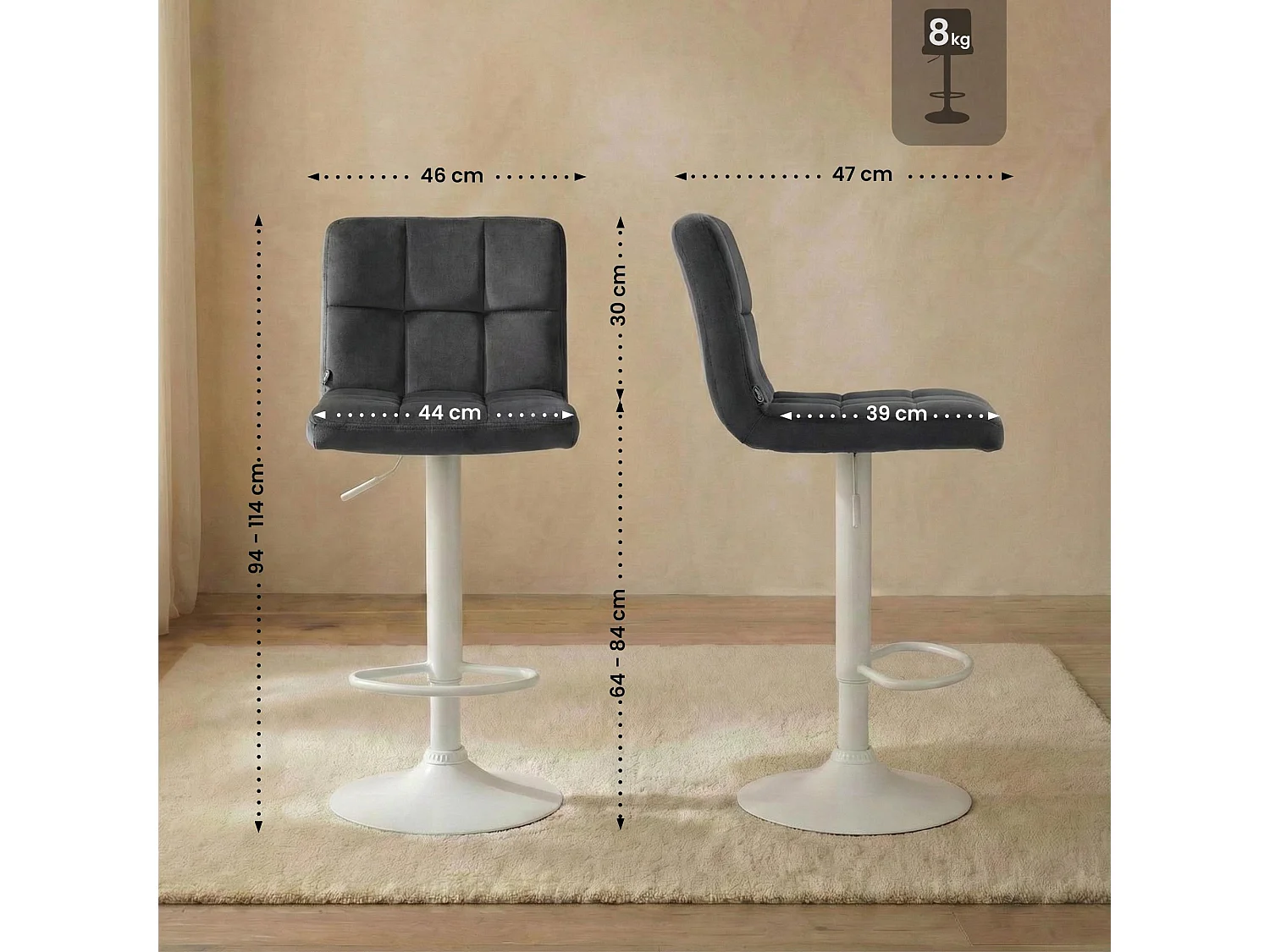 Tabouret de bar - Velours & Blanc - Gris foncé - Peru