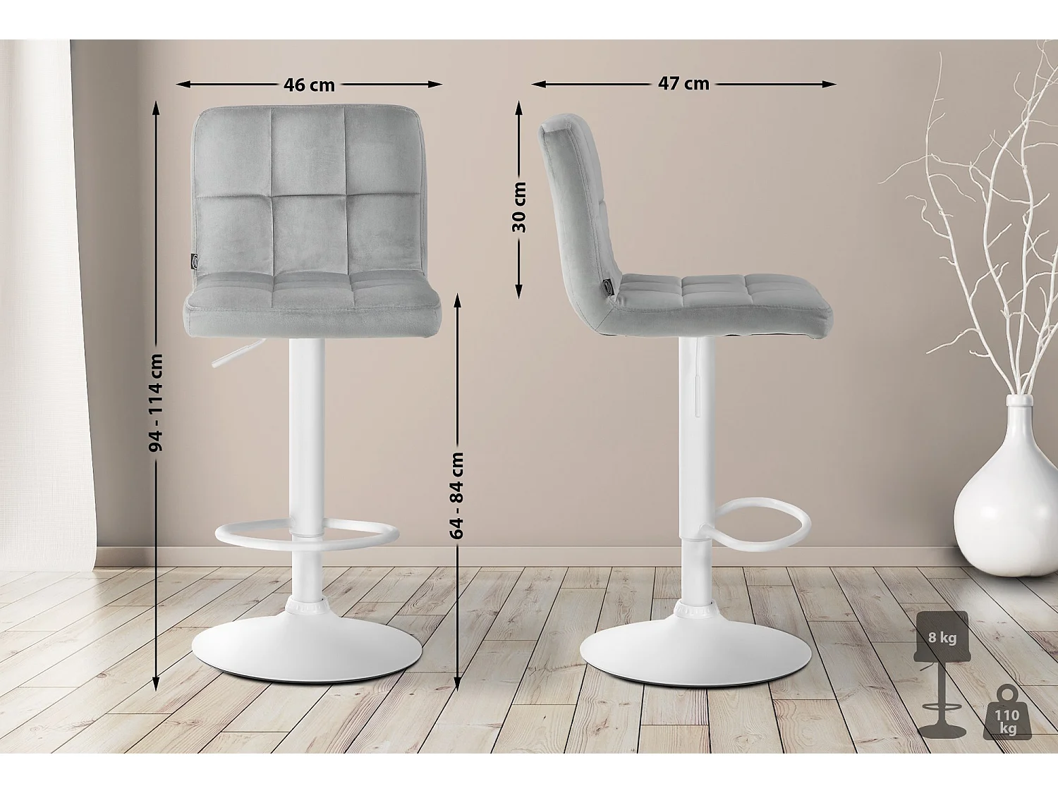 Tabouret de bar - Velours & Blanc - Gris - Peru