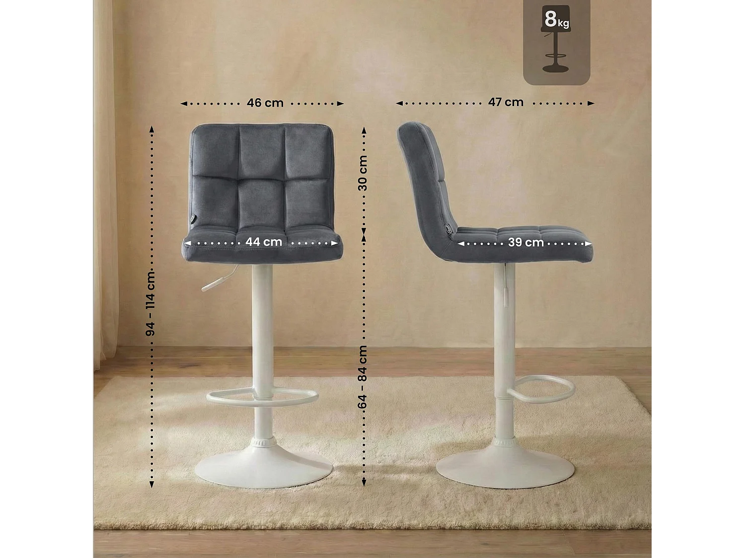 Tabouret de bar - Velours & Blanc - Gris - Peru