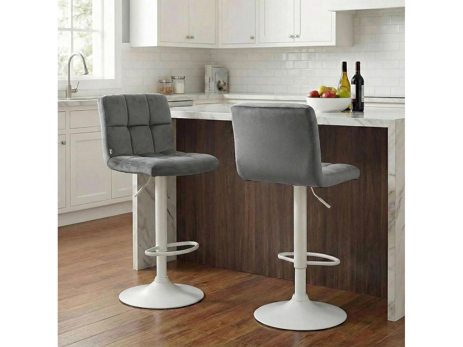 Tabouret de bar - Velours & Blanc - Gris - Peru