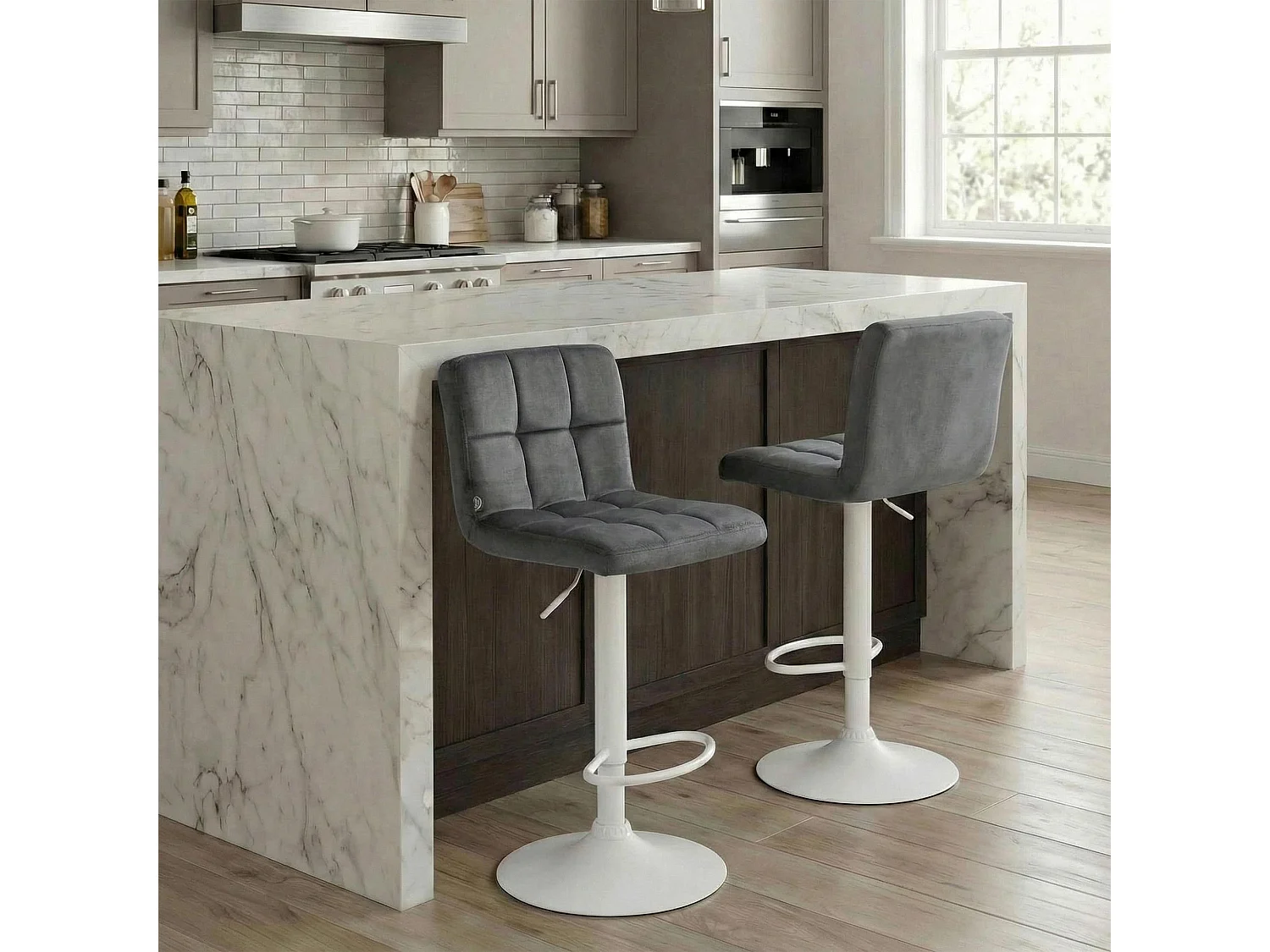 Tabouret de bar - Velours & Blanc - Gris - Peru