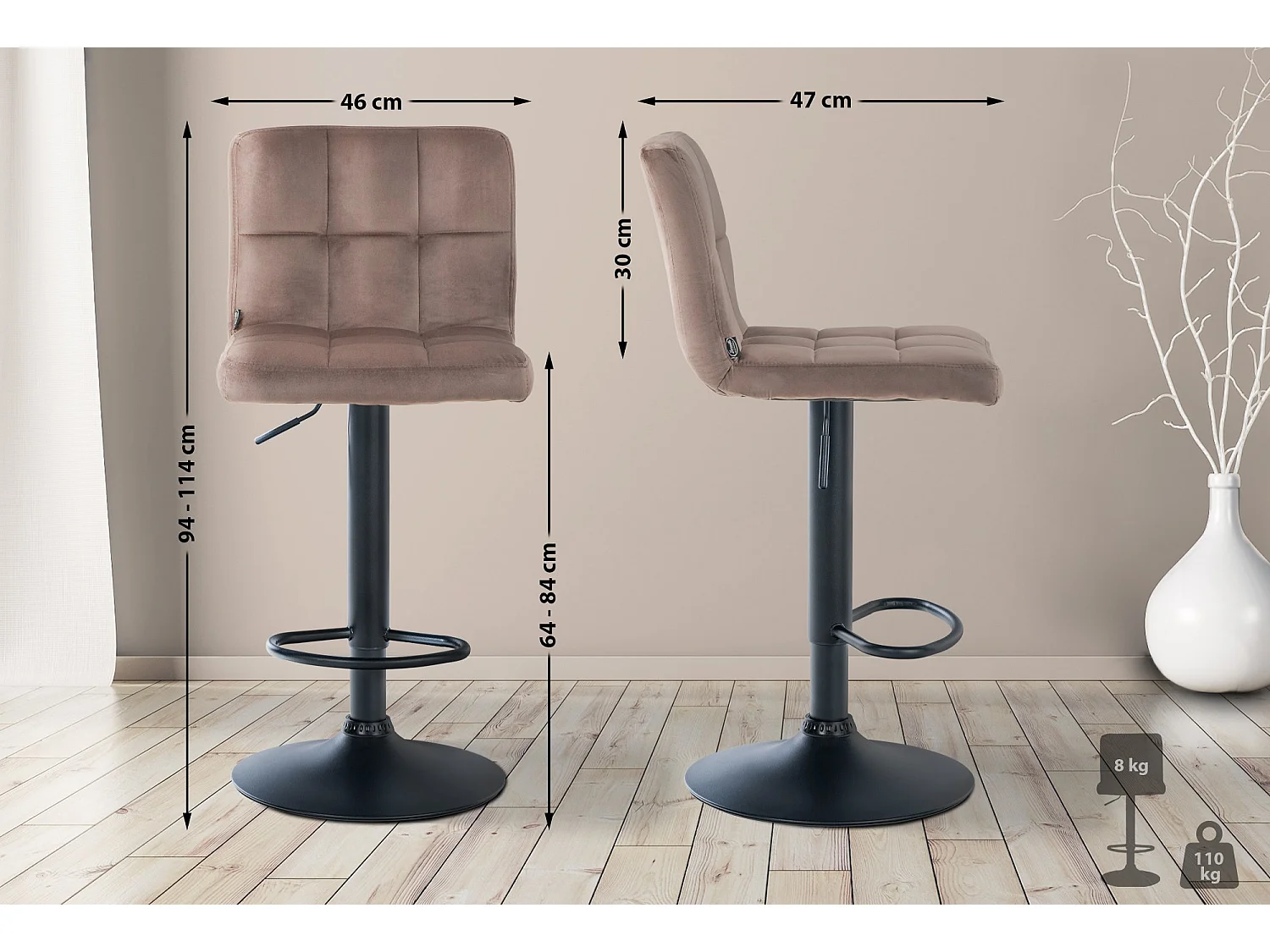 Tabouret de bar - Velours & Noir - Marron - Peru