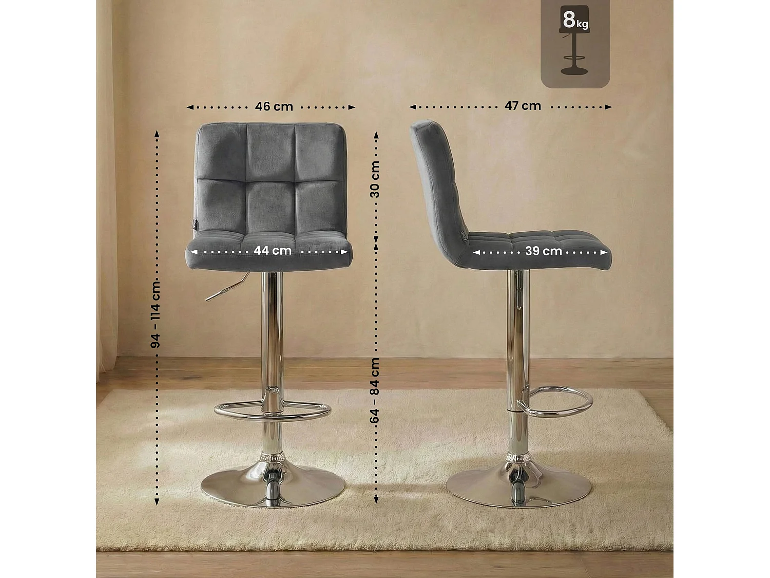 Tabouret de bar - Velours & Chrome - Gris - Peru