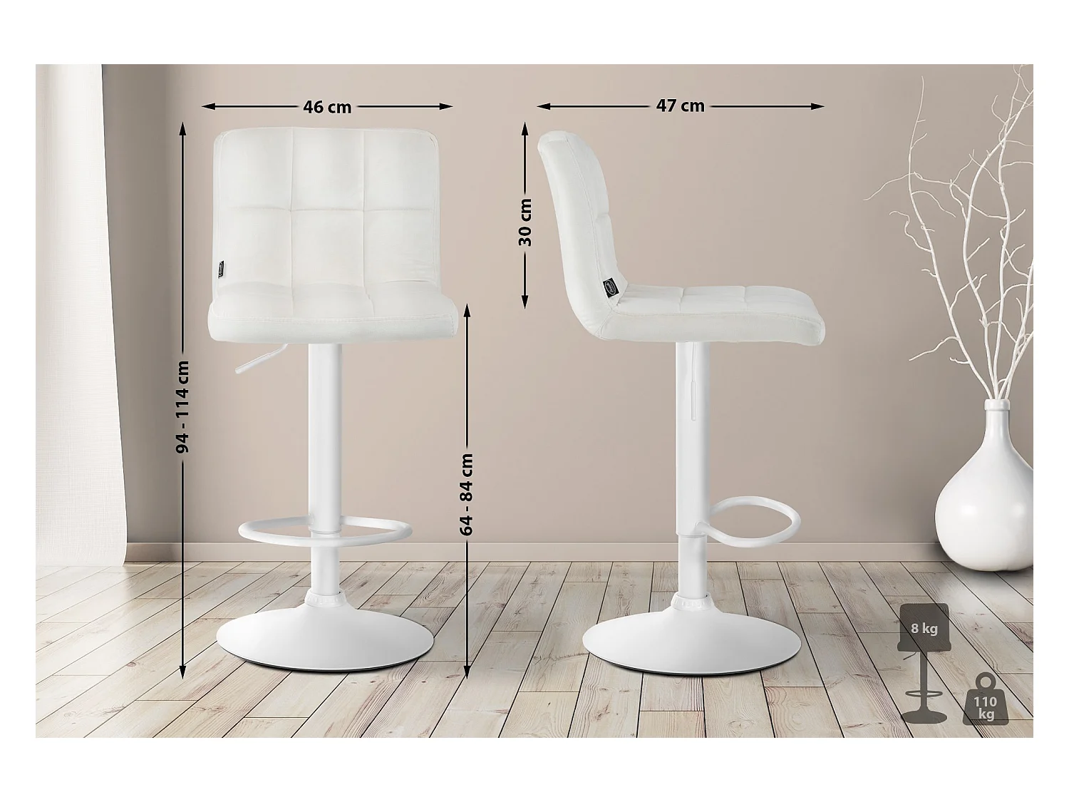 Tabouret de bar - Velours & Blanc - Crème - Peru