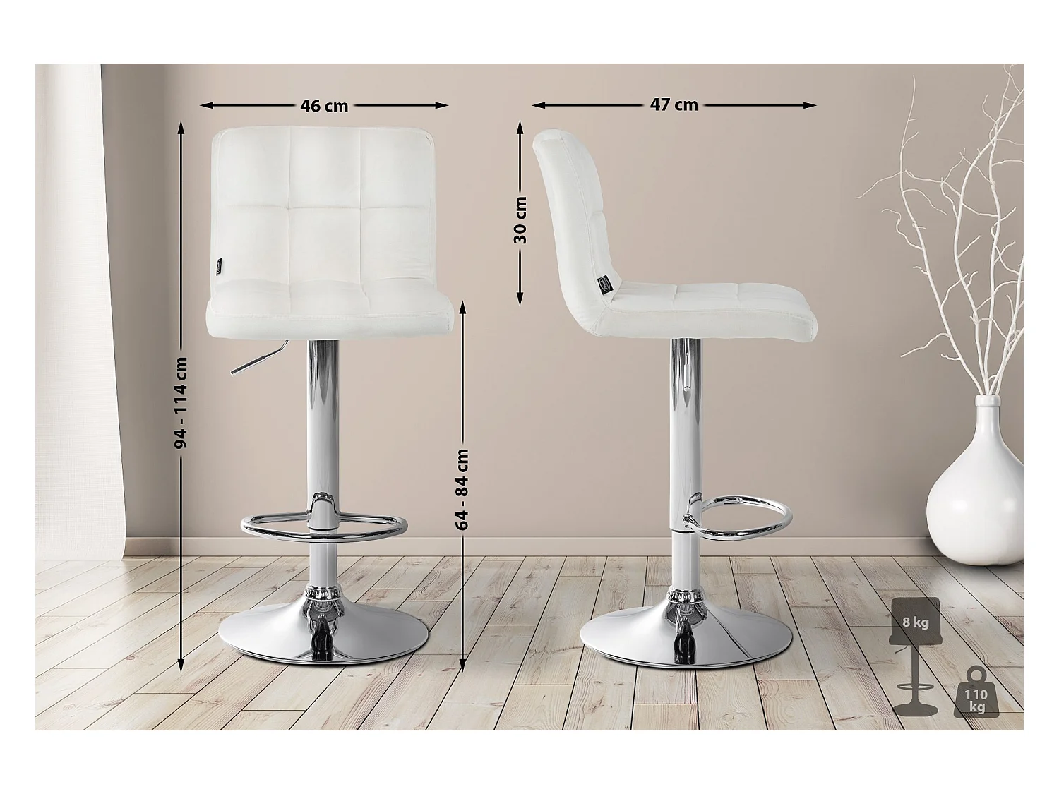 Tabouret de bar - Velours & Chrome - Crème - Peru