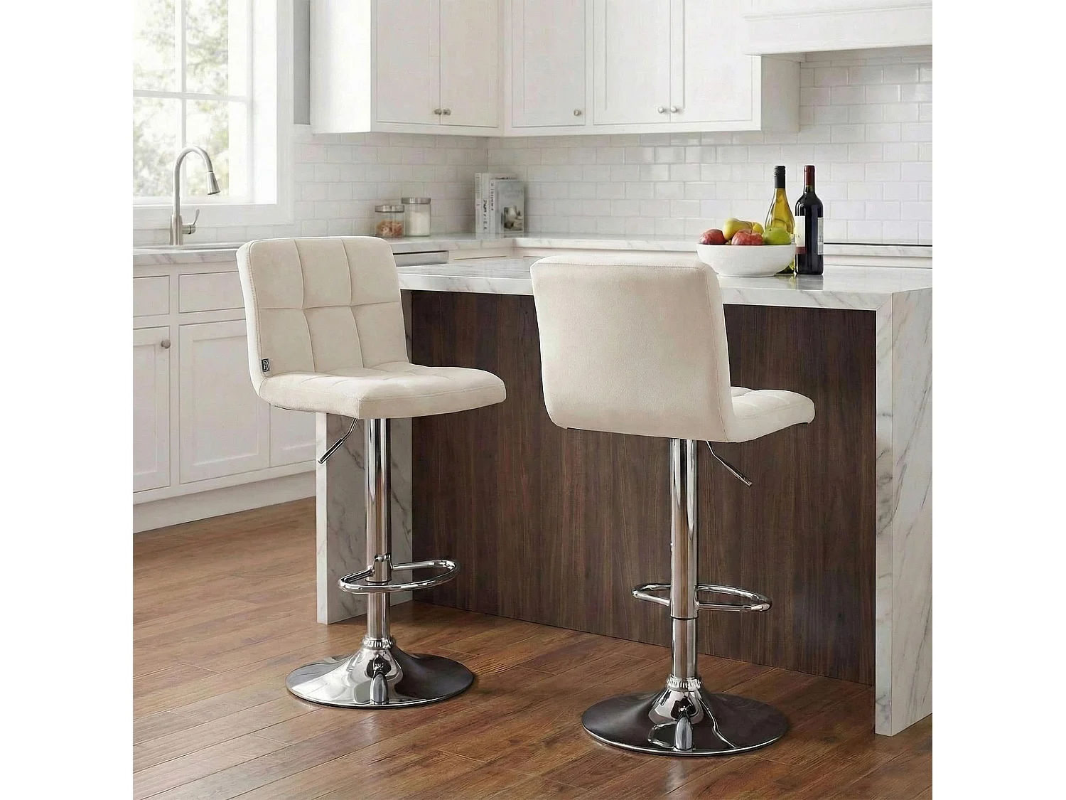 Tabouret de bar - Velours & Chrome - Crème - Peru