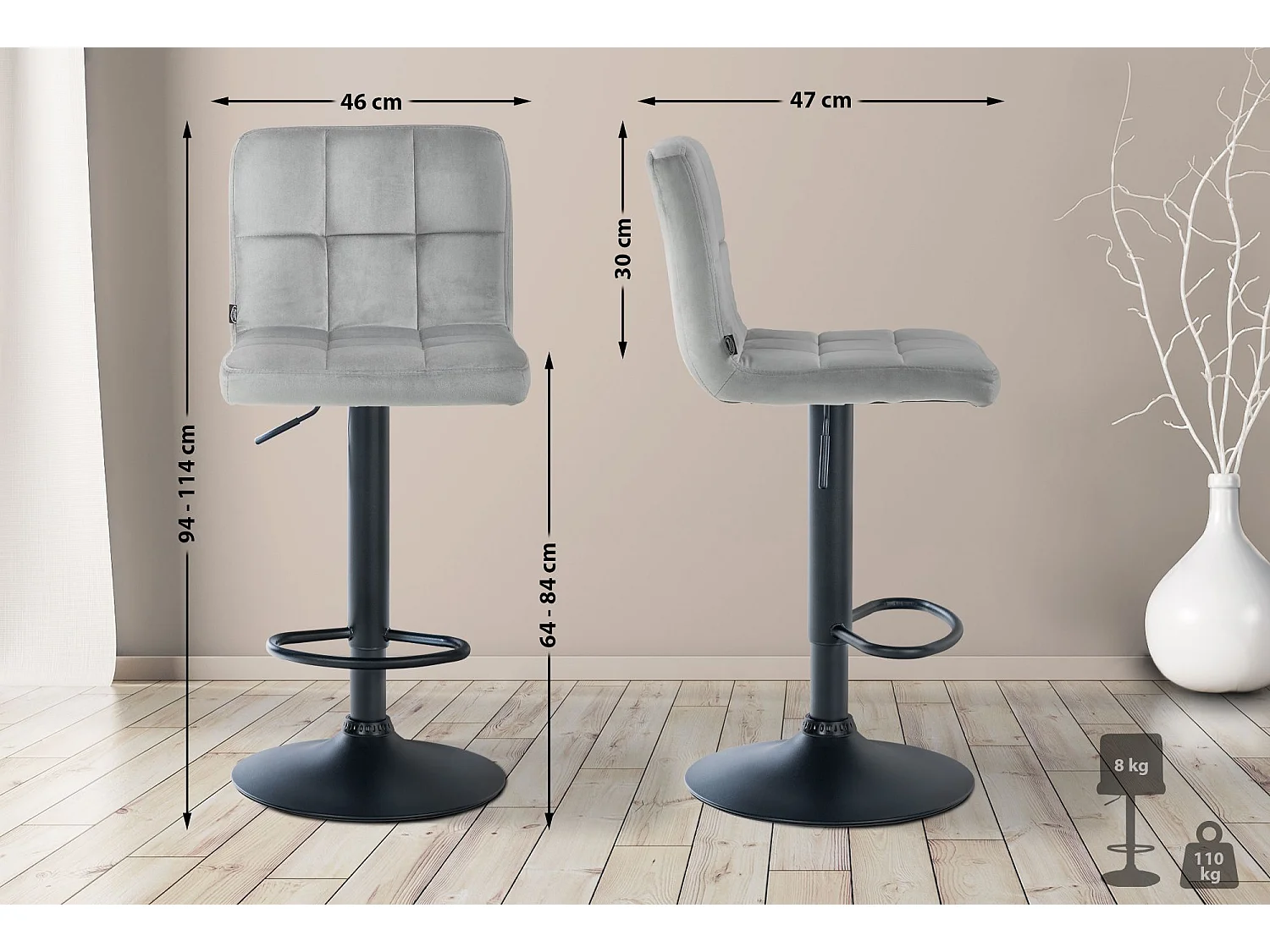 Tabouret de bar - Velours & Noir - Gris - Peru