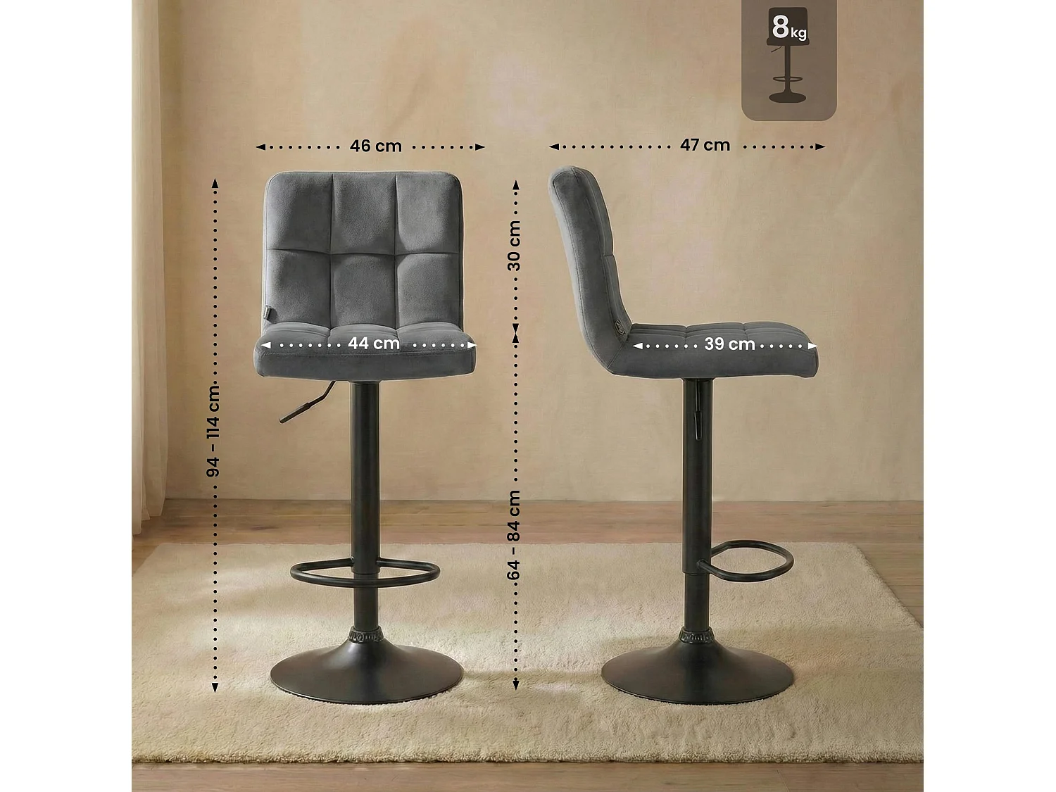 Tabouret de bar - Velours & Noir - Gris - Peru