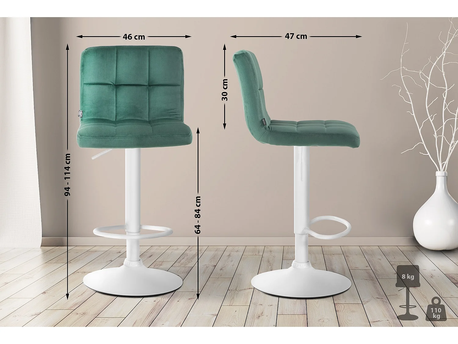 Tabouret de bar - Velours & Blanc - Vert - Peru