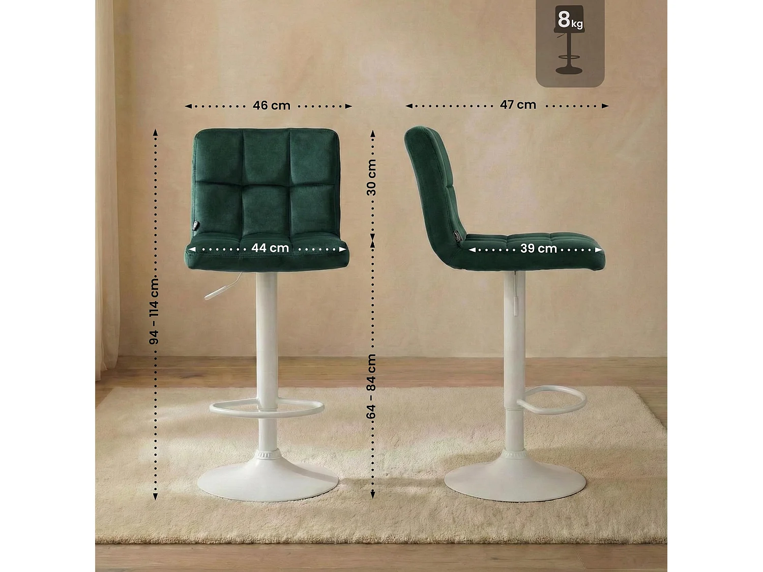 Tabouret de bar - Velours & Blanc - Vert - Peru