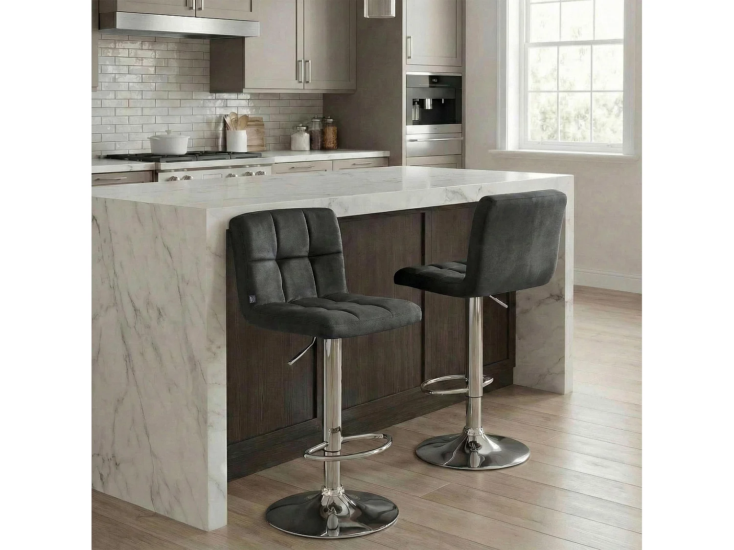 Tabouret de bar - Velours & Chrome - Gris foncé - Peru