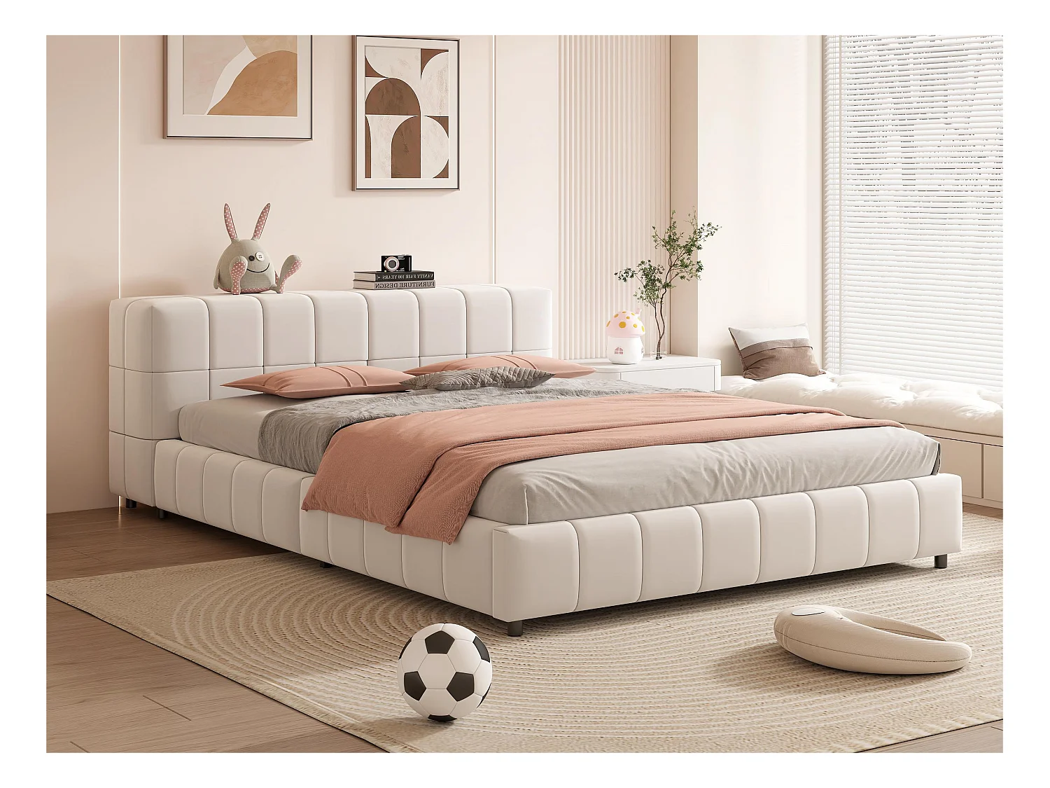 <p><b>Gecapitonneerd bed 140x200cm - hoofdbord met opbergruimte - Beige</b></p>
