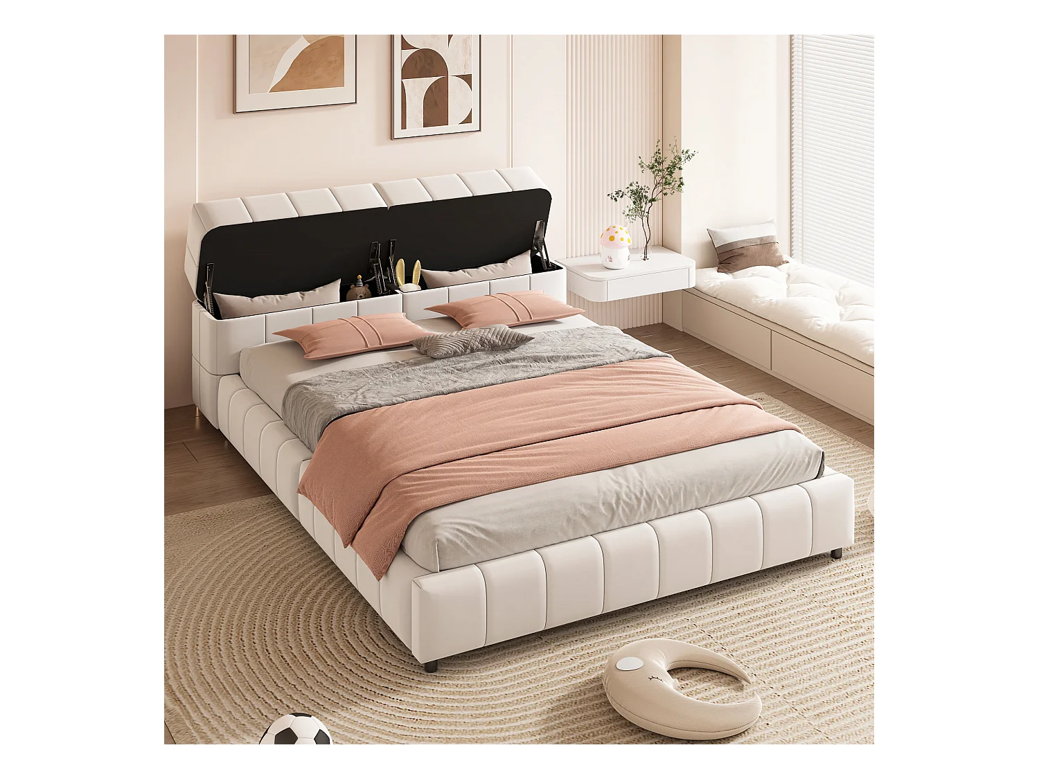Lit capitonné en velours 140x200cm - tête de lit avec rangement - Beige