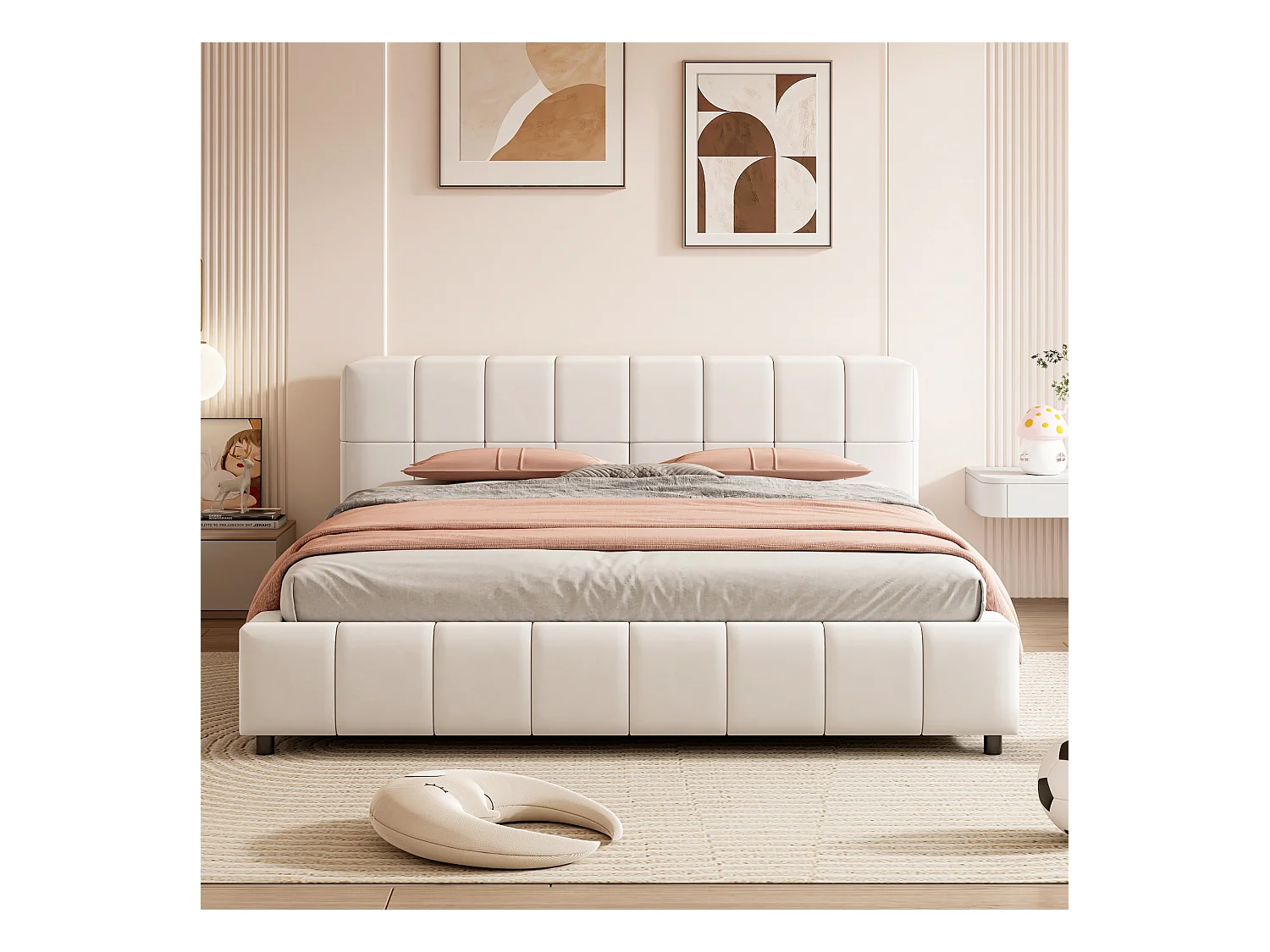 Lit capitonné en velours 140x200cm - tête de lit avec rangement - Beige