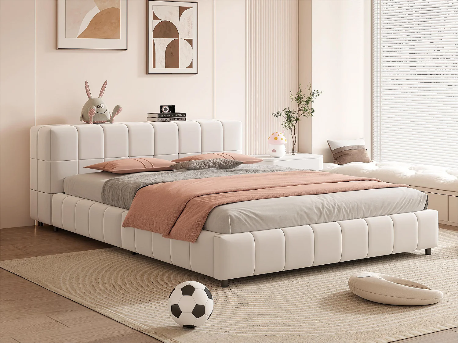 <p><b>Gecapitonneerd bed 140x200cm - hoofdbord met opbergruimte - Beige</b></p>