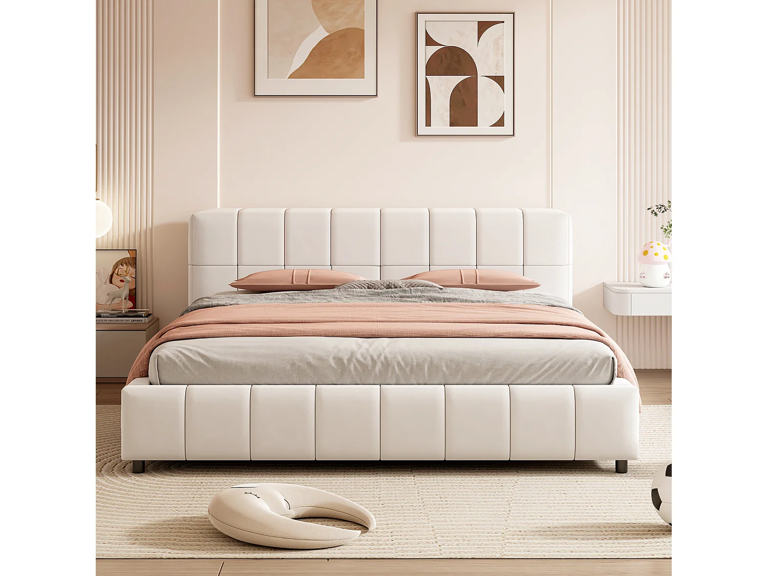 <p><b>Gecapitonneerd bed 140x200cm - hoofdbord met opbergruimte - Beige</b></p>