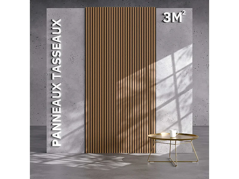 Lot de 2 Panneaux Tasseaux Bois - Chêne Brun Feutre Noir - 3 m², 2500 x 600 mm, Mon Marché Déco