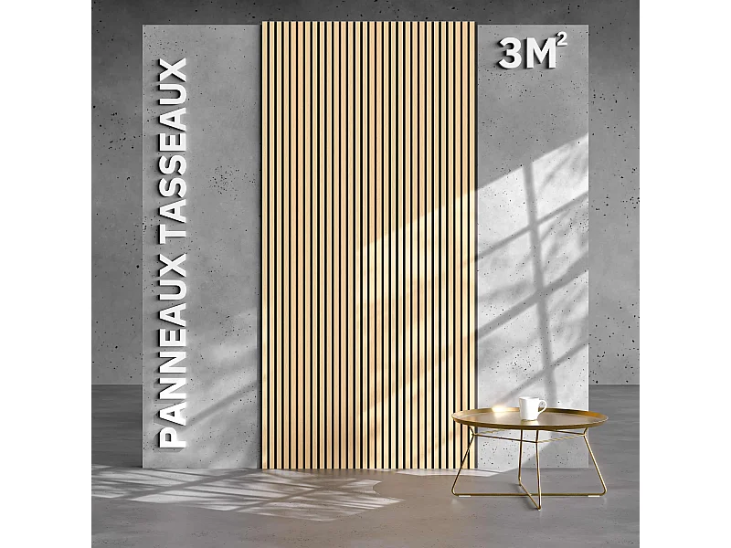 Lot de 2 Panneaux Tasseaux Bois - Chêne Feutre Noir - 3 m², 2500 x 600 mm, Mon Marché Déco
