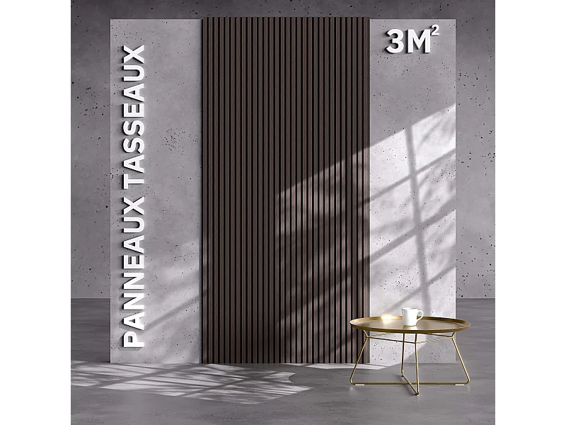 Lot de 2 Panneaux Tasseaux Bois - Noyer Feutre Noir - 3 m², 2500 x 600 mm, Mon Marché Déco