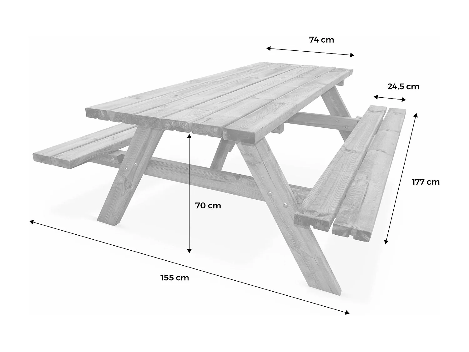 Lot de 4 tables de pique-nique 180 cm avec bancs rabattables en bois. 6 places - PANCHINA - Tables de jardin robustes en pin sylvestre